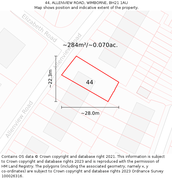 44, ALLENVIEW ROAD, WIMBORNE, BH21 1AU: Plot and title map