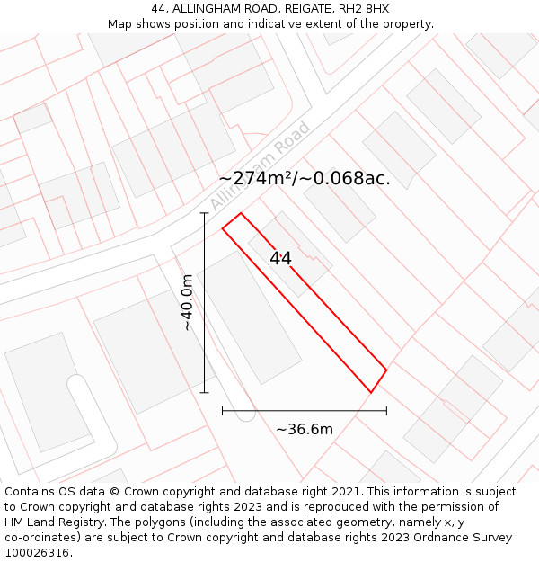 44, ALLINGHAM ROAD, REIGATE, RH2 8HX: Plot and title map