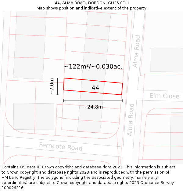44, ALMA ROAD, BORDON, GU35 0DH: Plot and title map