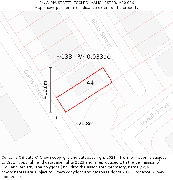 44, ALMA STREET, ECCLES, MANCHESTER, M30 0EX: Plot and title map