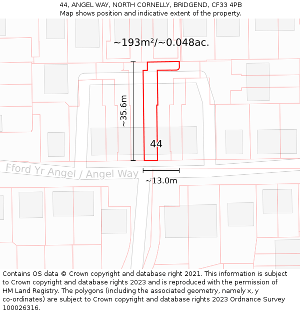 44, ANGEL WAY, NORTH CORNELLY, BRIDGEND, CF33 4PB: Plot and title map