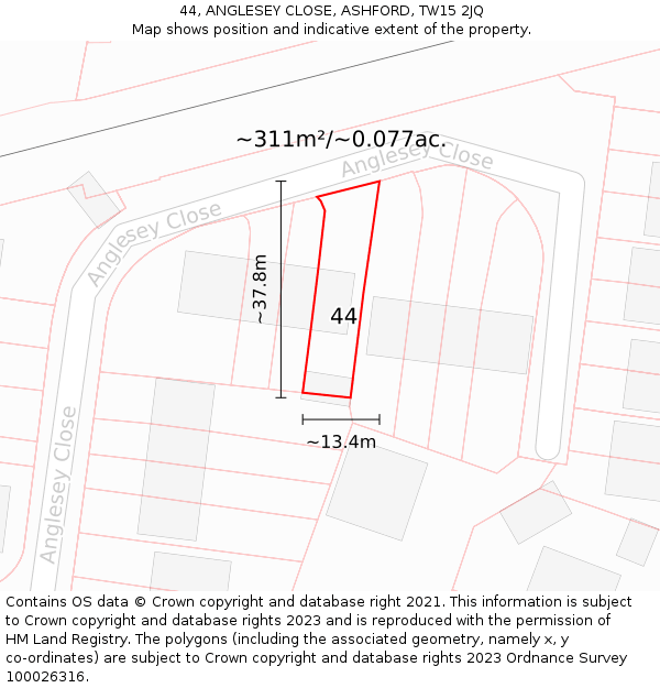 44, ANGLESEY CLOSE, ASHFORD, TW15 2JQ: Plot and title map