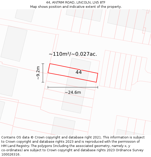 44, ANTRIM ROAD, LINCOLN, LN5 8TF: Plot and title map