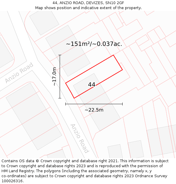 44, ANZIO ROAD, DEVIZES, SN10 2GF: Plot and title map