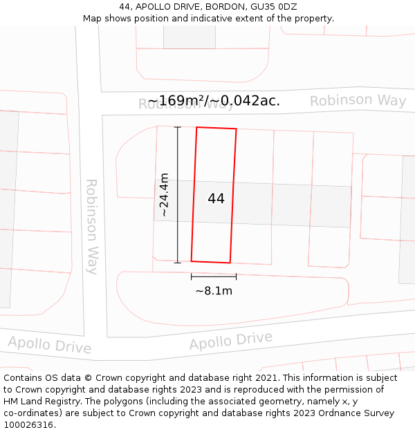 44, APOLLO DRIVE, BORDON, GU35 0DZ: Plot and title map