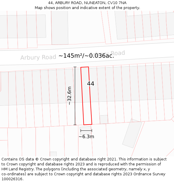 44, ARBURY ROAD, NUNEATON, CV10 7NA: Plot and title map