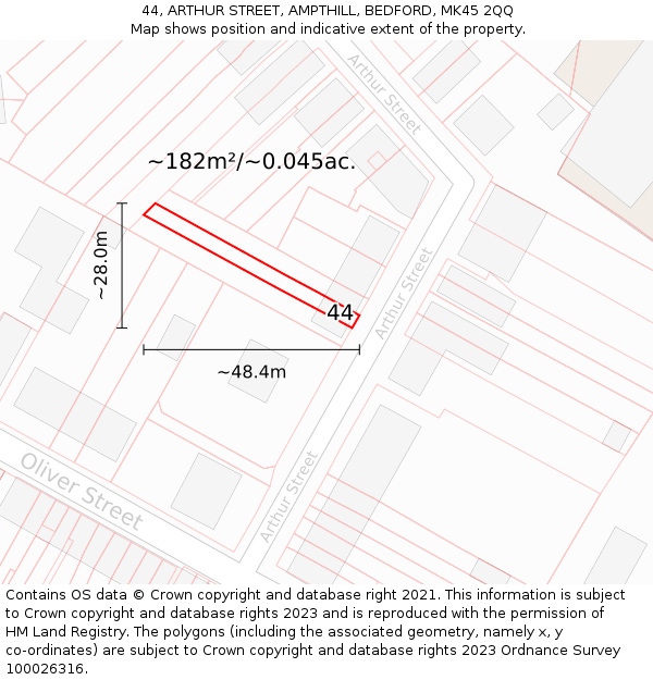 44, ARTHUR STREET, AMPTHILL, BEDFORD, MK45 2QQ: Plot and title map