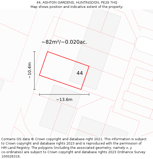 44, ASHTON GARDENS, HUNTINGDON, PE29 7HQ: Plot and title map