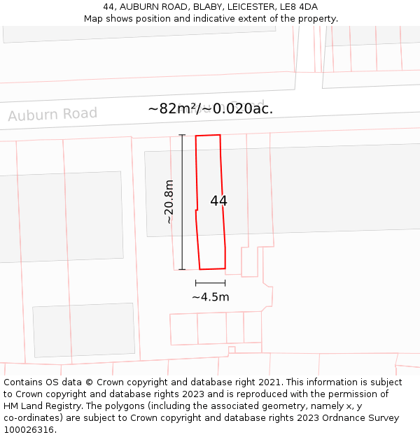 44, AUBURN ROAD, BLABY, LEICESTER, LE8 4DA: Plot and title map