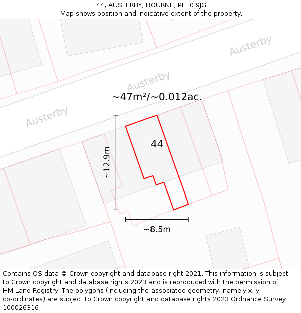 44, AUSTERBY, BOURNE, PE10 9JG: Plot and title map