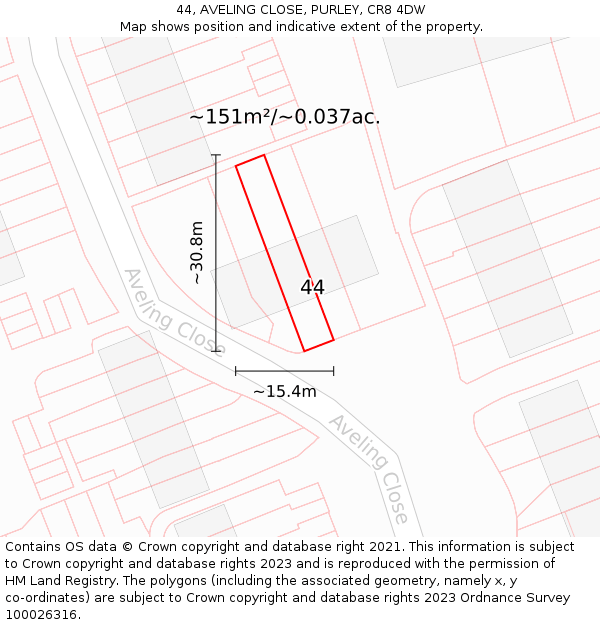 44, AVELING CLOSE, PURLEY, CR8 4DW: Plot and title map
