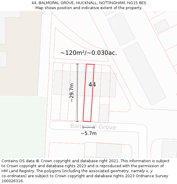 44, BALMORAL GROVE, HUCKNALL, NOTTINGHAM, NG15 8ES: Plot and title map