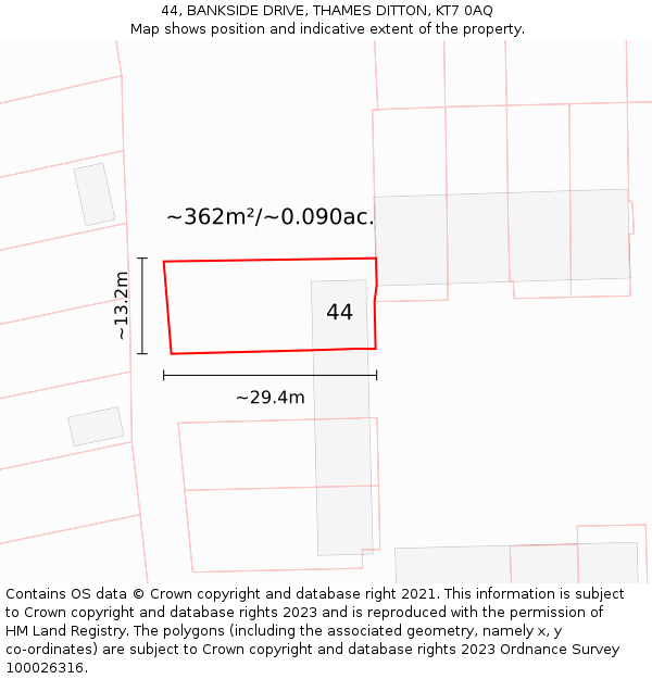 44, BANKSIDE DRIVE, THAMES DITTON, KT7 0AQ: Plot and title map