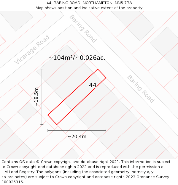 44, BARING ROAD, NORTHAMPTON, NN5 7BA: Plot and title map