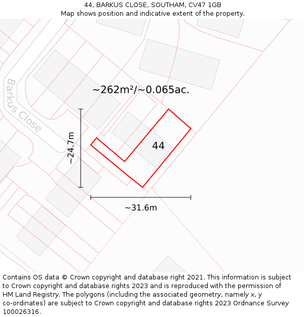 44, BARKUS CLOSE, SOUTHAM, CV47 1GB: Plot and title map