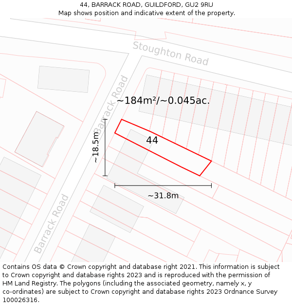 44, BARRACK ROAD, GUILDFORD, GU2 9RU: Plot and title map