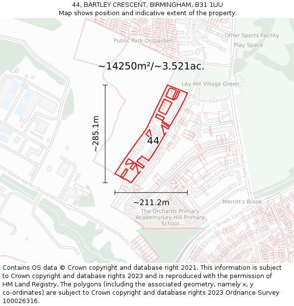 44, BARTLEY CRESCENT, BIRMINGHAM, B31 1UU: Plot and title map