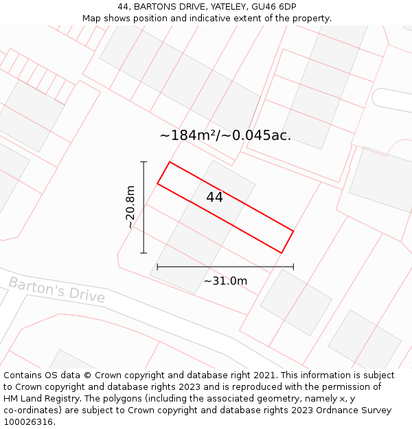 44, BARTONS DRIVE, YATELEY, GU46 6DP: Plot and title map