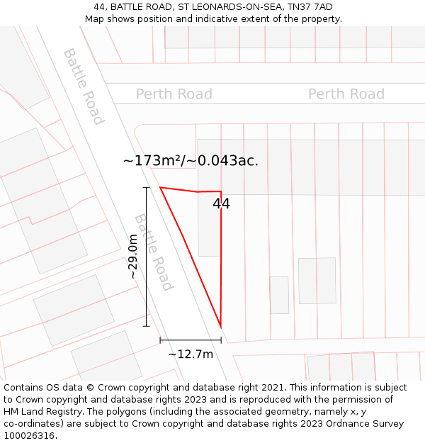 44, BATTLE ROAD, ST LEONARDS-ON-SEA, TN37 7AD: Plot and title map
