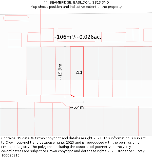 44, BEAMBRIDGE, BASILDON, SS13 3ND: Plot and title map
