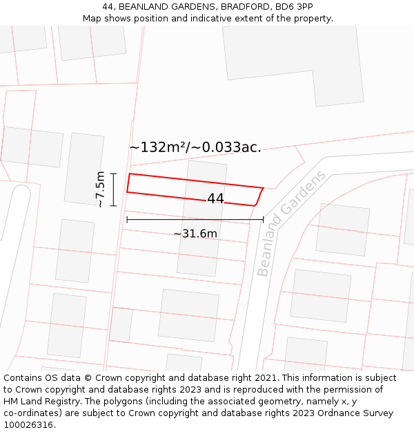 44, BEANLAND GARDENS, BRADFORD, BD6 3PP: Plot and title map