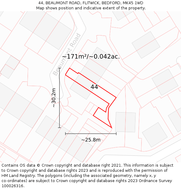 44, BEAUMONT ROAD, FLITWICK, BEDFORD, MK45 1WD: Plot and title map