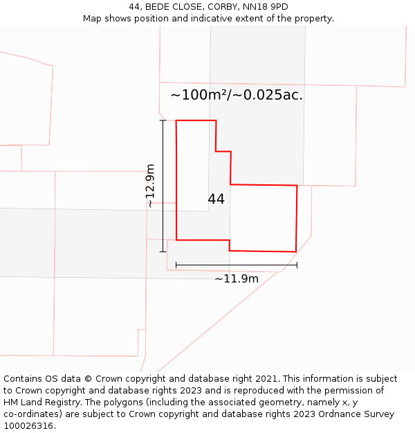 44, BEDE CLOSE, CORBY, NN18 9PD: Plot and title map
