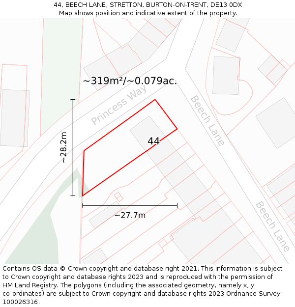 44, BEECH LANE, STRETTON, BURTON-ON-TRENT, DE13 0DX: Plot and title map