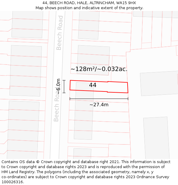 44, BEECH ROAD, HALE, ALTRINCHAM, WA15 9HX: Plot and title map