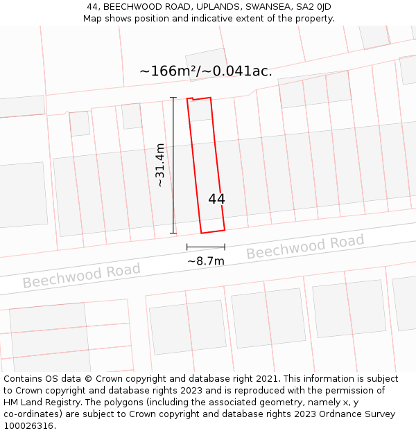 44, BEECHWOOD ROAD, UPLANDS, SWANSEA, SA2 0JD: Plot and title map