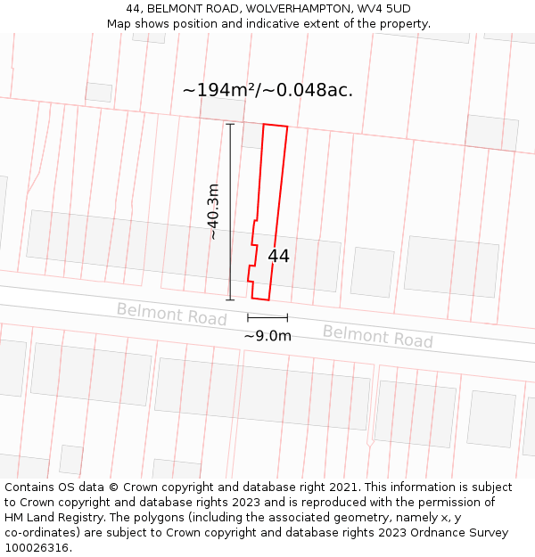 44, BELMONT ROAD, WOLVERHAMPTON, WV4 5UD: Plot and title map