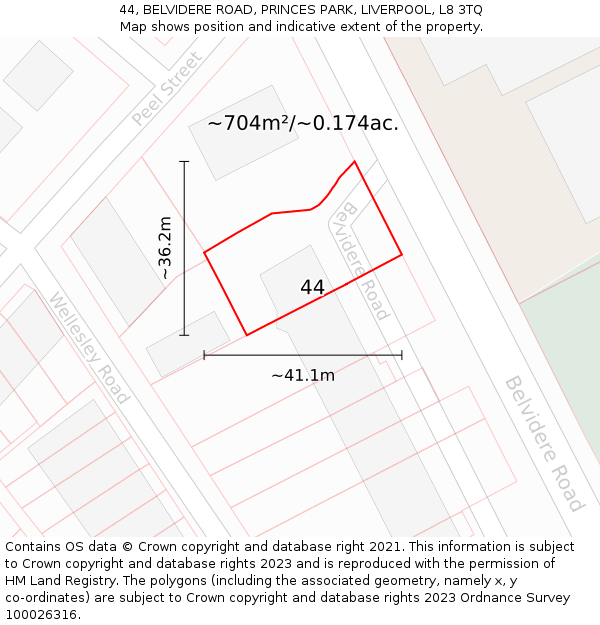 44, BELVIDERE ROAD, PRINCES PARK, LIVERPOOL, L8 3TQ: Plot and title map