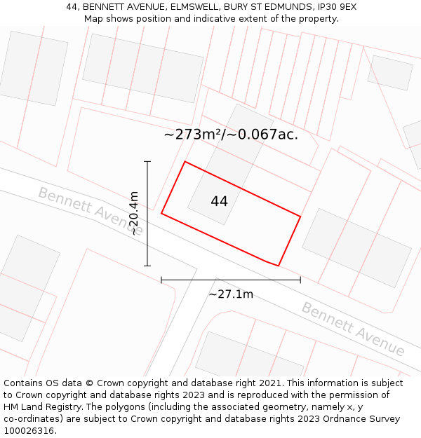 44, BENNETT AVENUE, ELMSWELL, BURY ST EDMUNDS, IP30 9EX: Plot and title map