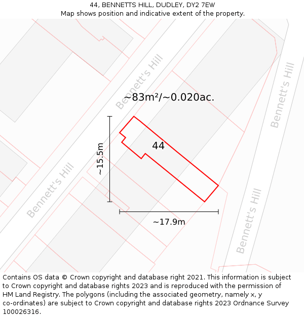 44, BENNETTS HILL, DUDLEY, DY2 7EW: Plot and title map