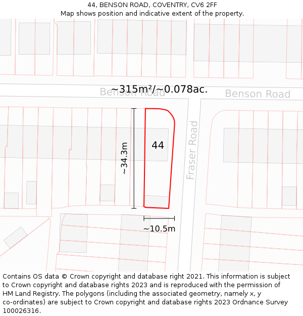 44, BENSON ROAD, COVENTRY, CV6 2FF: Plot and title map