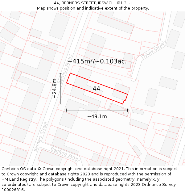 44, BERNERS STREET, IPSWICH, IP1 3LU: Plot and title map