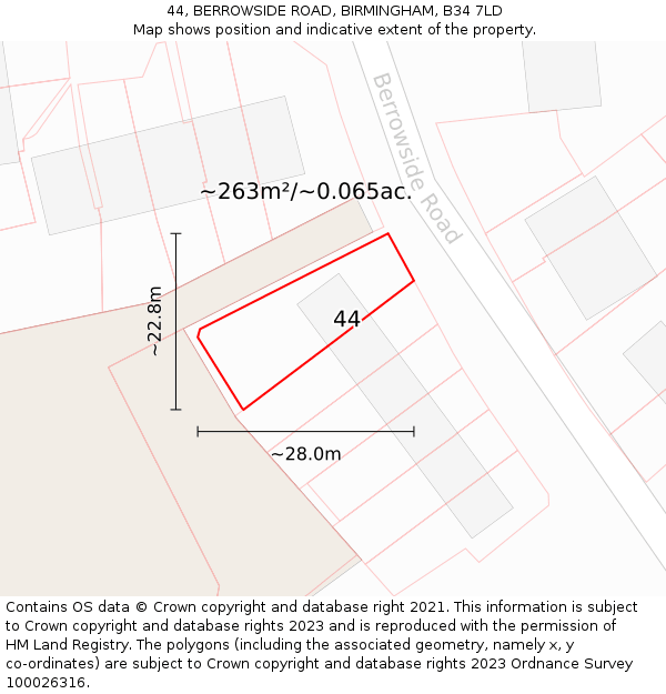 44, BERROWSIDE ROAD, BIRMINGHAM, B34 7LD: Plot and title map
