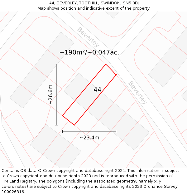 44, BEVERLEY, TOOTHILL, SWINDON, SN5 8BJ: Plot and title map