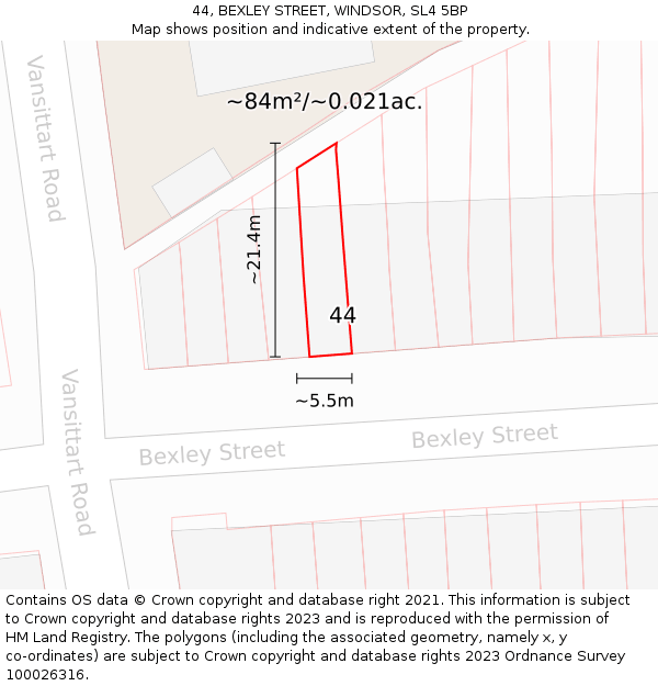 44, BEXLEY STREET, WINDSOR, SL4 5BP: Plot and title map