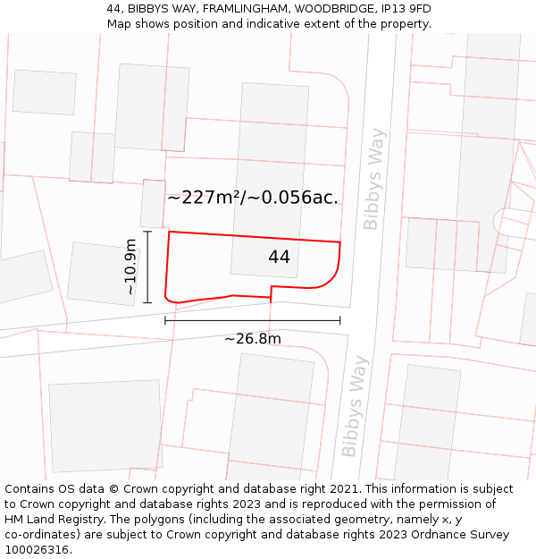 44, BIBBYS WAY, FRAMLINGHAM, WOODBRIDGE, IP13 9FD: Plot and title map