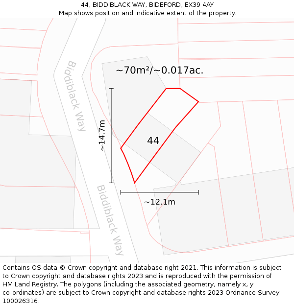 44, BIDDIBLACK WAY, BIDEFORD, EX39 4AY: Plot and title map