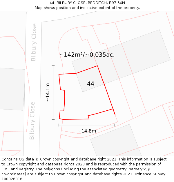 44, BILBURY CLOSE, REDDITCH, B97 5XN: Plot and title map