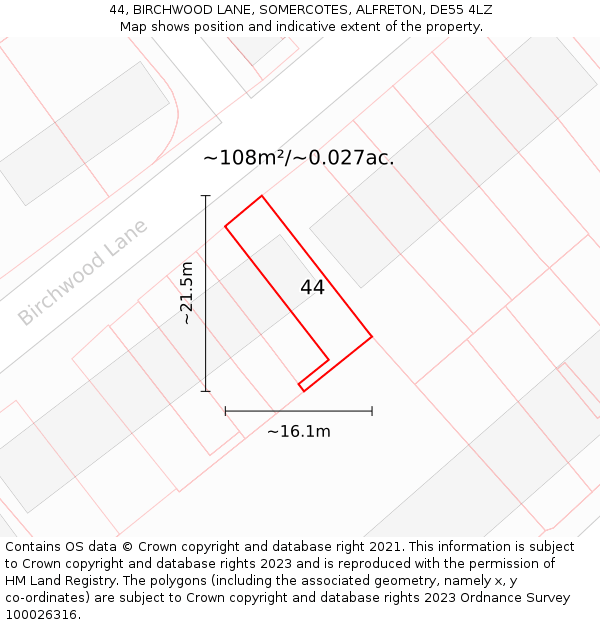 44, BIRCHWOOD LANE, SOMERCOTES, ALFRETON, DE55 4LZ: Plot and title map