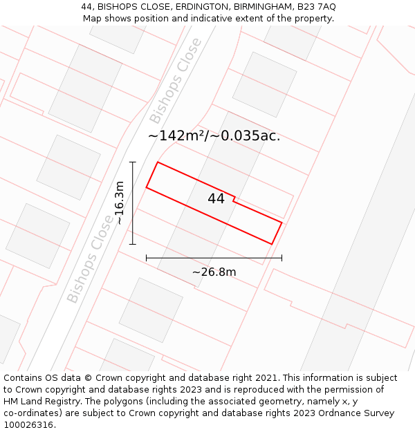 44, BISHOPS CLOSE, ERDINGTON, BIRMINGHAM, B23 7AQ: Plot and title map