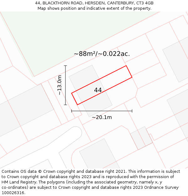 44, BLACKTHORN ROAD, HERSDEN, CANTERBURY, CT3 4GB: Plot and title map