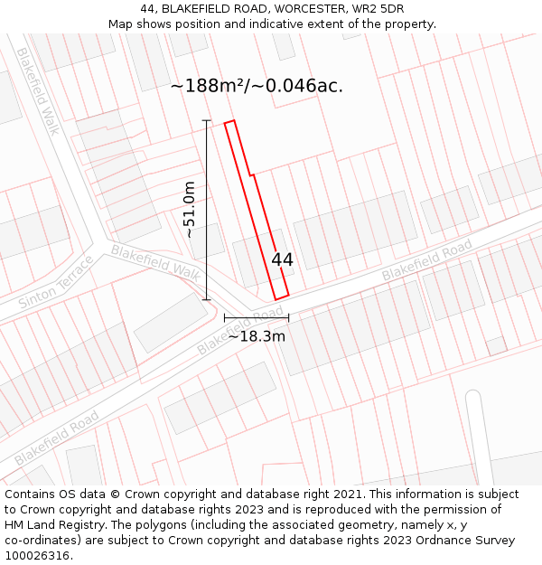 44, BLAKEFIELD ROAD, WORCESTER, WR2 5DR: Plot and title map