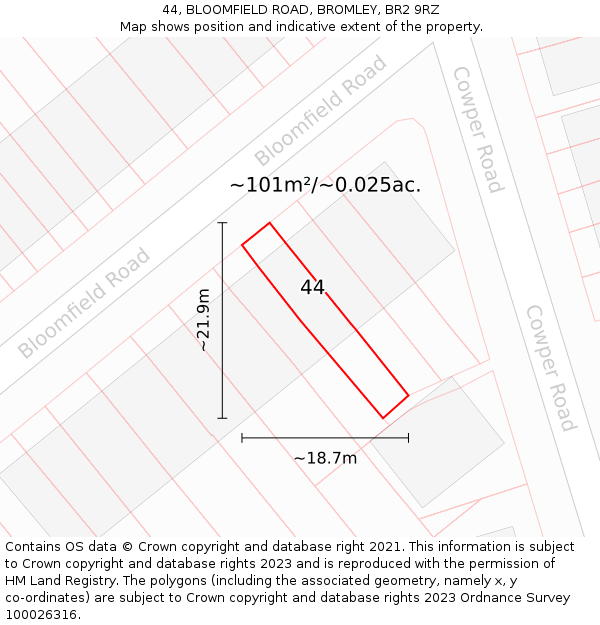 44, BLOOMFIELD ROAD, BROMLEY, BR2 9RZ: Plot and title map