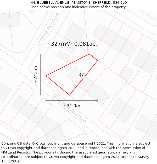 44, BLUEBELL AVENUE, PENISTONE, SHEFFIELD, S36 6LQ: Plot and title map