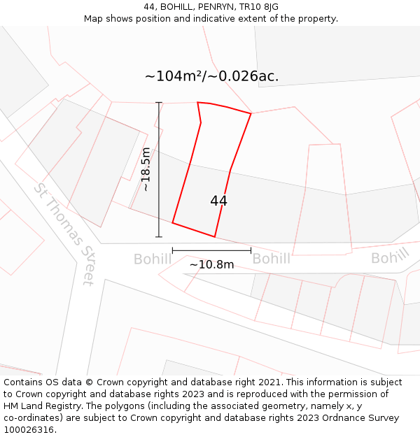 44, BOHILL, PENRYN, TR10 8JG: Plot and title map