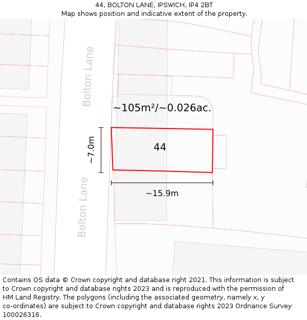 44, BOLTON LANE, IPSWICH, IP4 2BT: Plot and title map